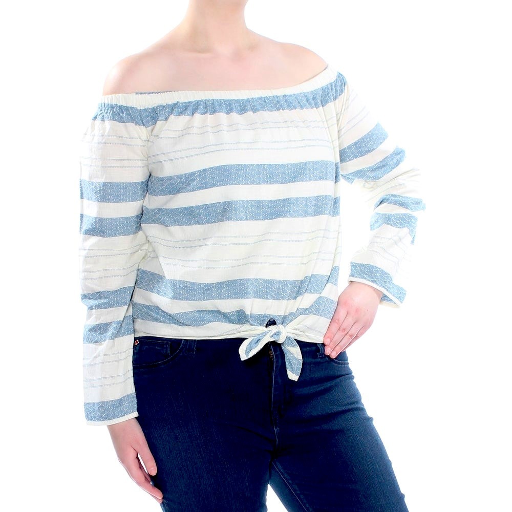 ROXY Womens Ivory Front-tie Striped Long Sleeve